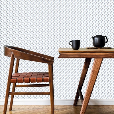 Papel de parede folhas pequenas cor azul marinho e fundo branco. 2