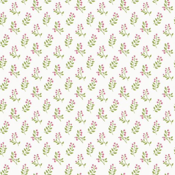 Papel de parede folhas pequenas cor verde e rosa com fundo branco sujo