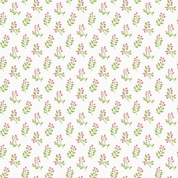 Paper pintat amb fulles petites de color verd i rosa amb fons blanc trencat