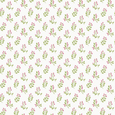 Papel pintado con hojas pequeñas color verde y rosa con fondo blanco roto Papel pintado con hojas pequeñas color verde y rosa con fondo blanco roto