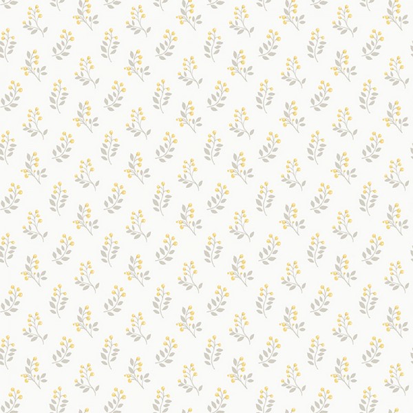 Papel de parede folhas pequenas cor amarelo e cinza com fundo branco
