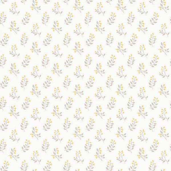 Papel de parede folhas pequenas cor amarelo e cinza com fundo branco