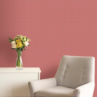 Papel pintado geométrico con arabescos de color rojo y blanco
