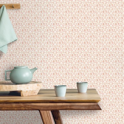 Papel de parede galhos florais cor marrom e vermelho com fundo creme 2