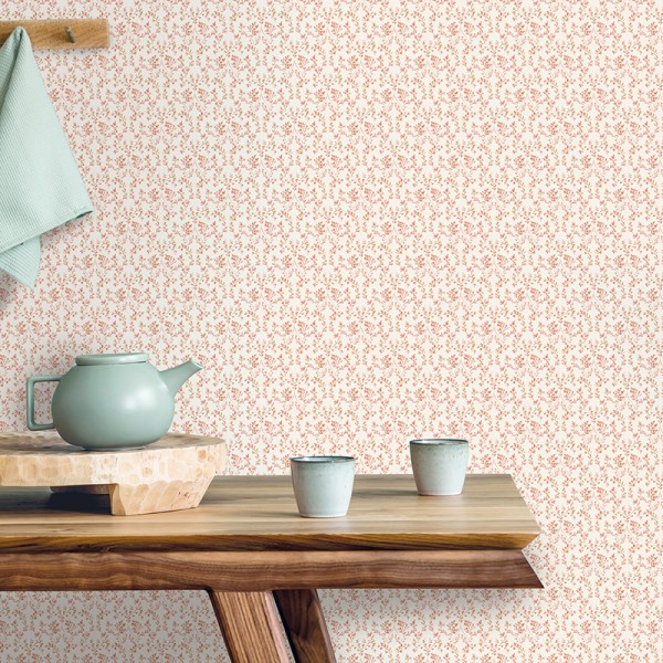 Papel pintado ramas con flores de color marrón y rojo con fondo crema Papel pintado ramas con flores de color marrón y rojo con fondo crema