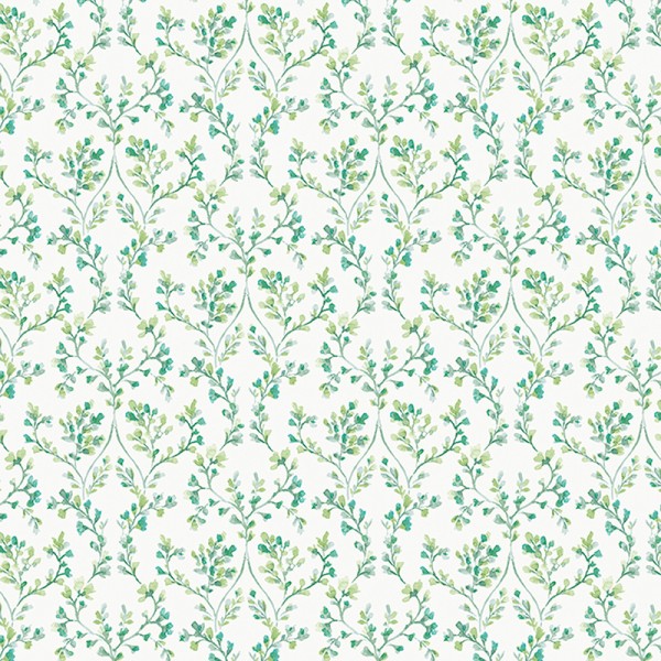 Papel pintado ramas con flores de color verde con fondo blanco