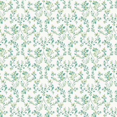 Papel pintado ramas con flores de color verde con fondo blanco