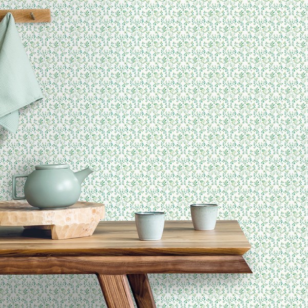 Papel pintado ramas con flores de color verde con fondo blanco