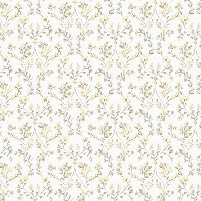 Papel pintado ramas con flores de color amarillo con fondo blanco