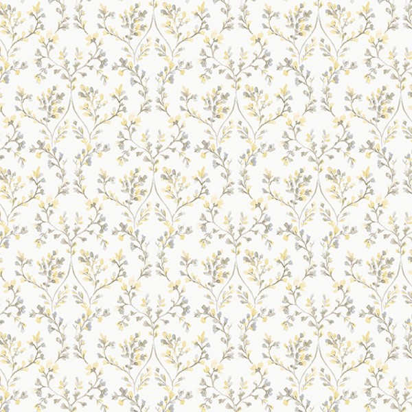 Papel de parede galhos florais cor amarelo com fundo branco