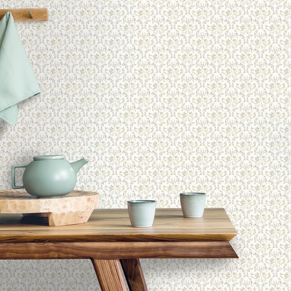 Papel pintado ramas con flores de color amarillo con fondo blanco