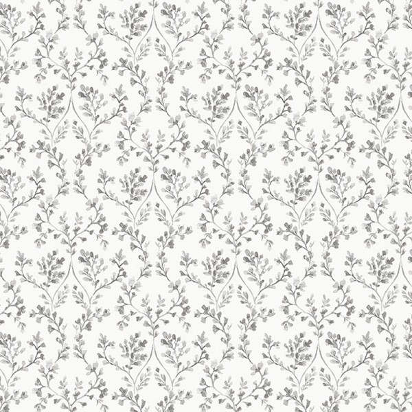 Papel pintado ramas con flores de color gris con fondo blanco