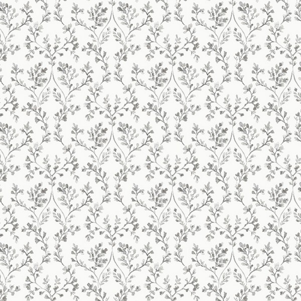 Paper pintat branques amb flors de color gris amb fons blanc