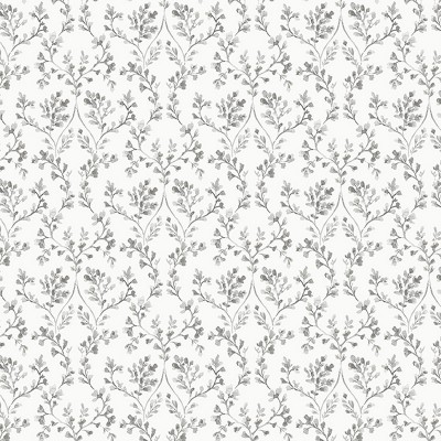 Paper pintat branques amb flors de color gris amb fons blanc