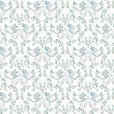 Papel pintado ramas con flores de color verde aqua con fondo blanco
