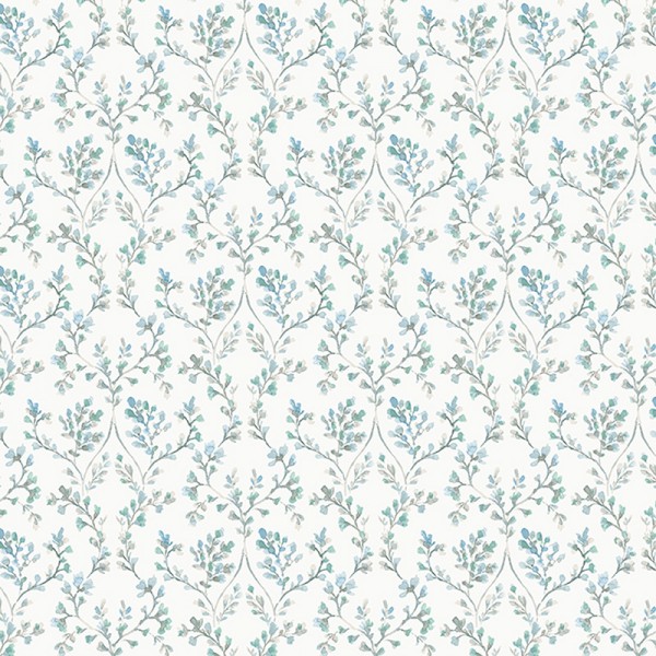 Papel de parede galhos florais cor verde aqua com fundo branco