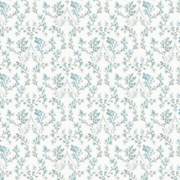 Papel pintado ramas con flores de color verde aqua con fondo blanco