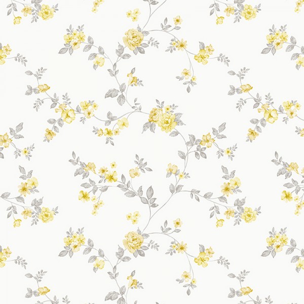 papel de parede com flores pequenas cor amarelo e cinza com fundo branco
