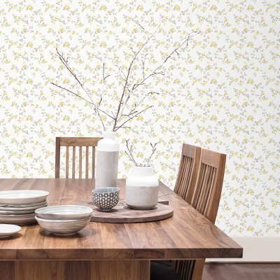 papel pintado con flores pequeñas de color amarillo y gris con un fondo blanco 2