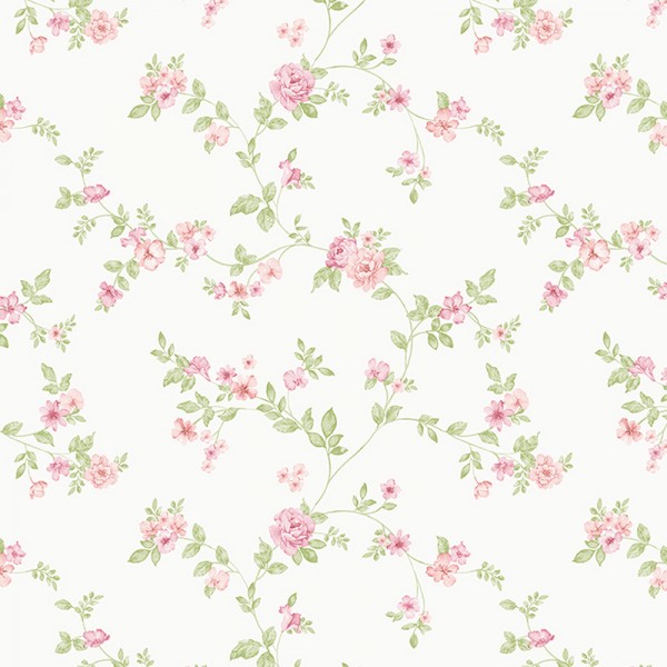 papel de parede com flores pequenas cor rosa e verde com fundo branco