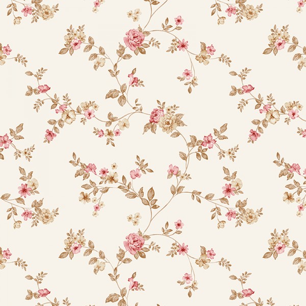 papel de parede com flores pequenas cor rosa e marrom com fundo creme.