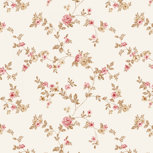 papel pintado con flores pequeñas de color rosa y marrón con un fondo crema