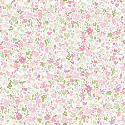 paper pintat amb flors petites de color rosa i verd amb fons blanc.