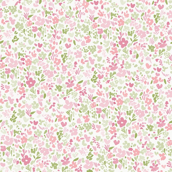 papel de parede com flores pequenas cor rosa e verde com fundo branco