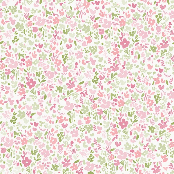 paper pintat amb flors petites de color rosa i verd amb fons blanc.