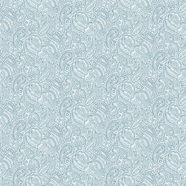papel pintado motivo cachemir floral de color azul con fondo blanco.