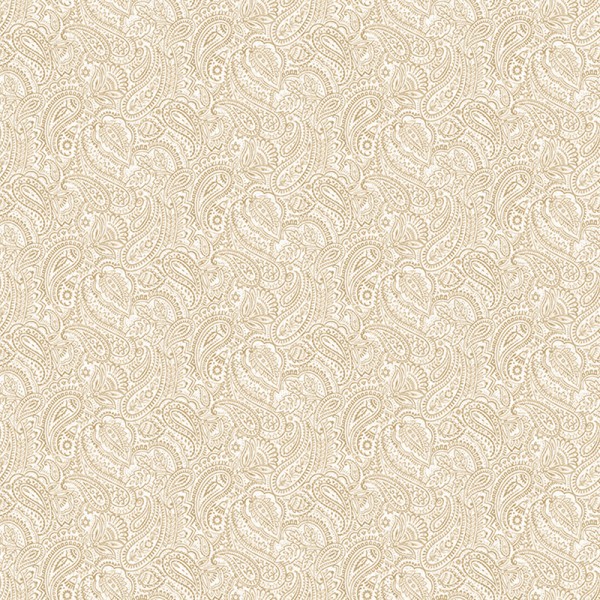 papel pintado motivo cachemir floral de color beige con fondo blanco.