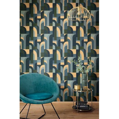 Papel pintado art deco de color azul y verde caqui con tonalidades doradas metalizadas de Labyrinth de Caselio.