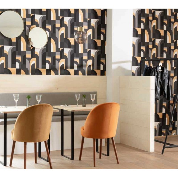 Paper pintat art deco geomètric abstracte color negre, gris i blanc amb tonalitats daurades de Labyirinth de Caselio