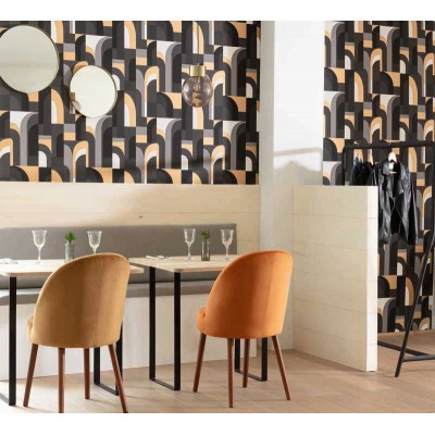 Paper pintat art deco geomètric abstracte color negre, gris i blanc amb tonalitats daurades de Labyirinth de Caselio