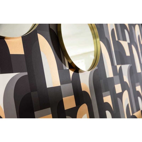 Papel de parede abstrato art deco cor cinza, preto e branco com tons ouro metálico