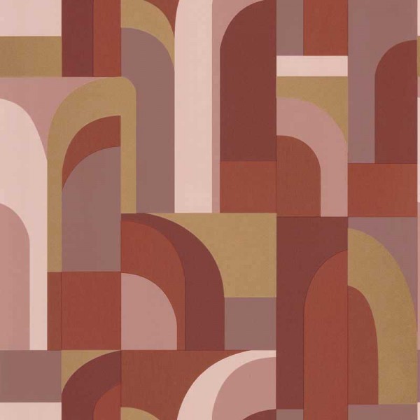 papel de parede art deco  geométrico abstrato com formas de porta em rosa claro, terracota, granada e ouro metálico.