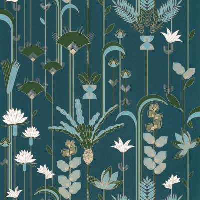 Paper pintat art deco floral de color blau fosc, verd aqua, verd fosc i daurat metal·litzat de Labyrinth Paper pintat art deco floral de color blau fosc, verd aqua, verd fosc i daurat metal·litzat de Labyrinth