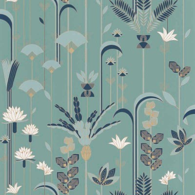 papel de parede art deco floral com plantas e flores cor azul escuro, branco, ouro metálico e fundo verde água do mar.