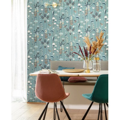 papel de parede art deco floral com plantas e flores cor azul escuro, branco, ouro metálico e fundo verde água do mar.