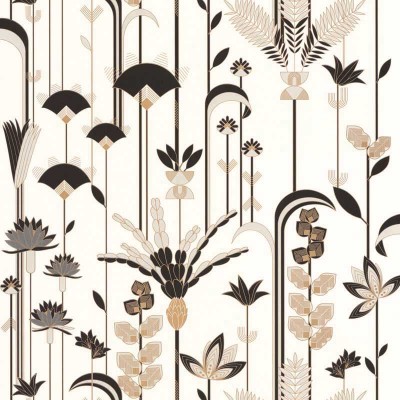 papel pintado art deco floral con plantas y flores de color negro, beige y dorado metalizado con fondo blanco