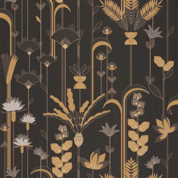 papel pintado art deco floral con plantas y flores de color negro y dorado metalizado.