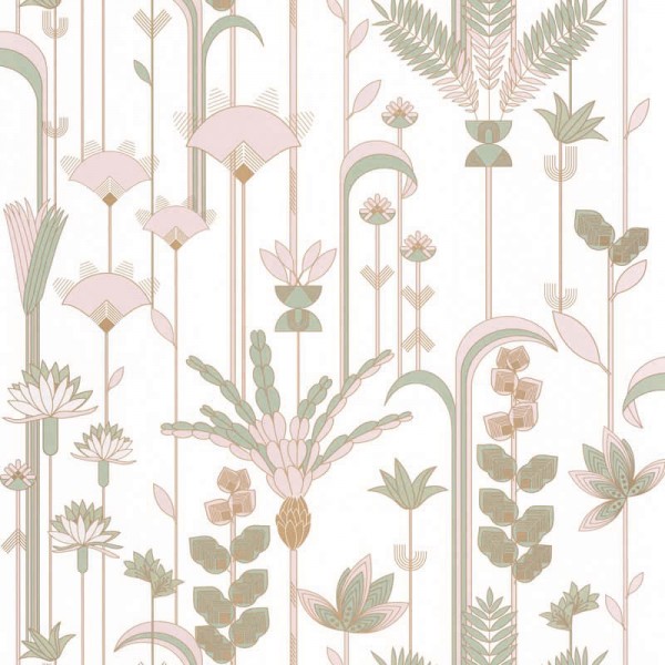 papel de parede art deco floral com plantas e flores cor verde almêndao, branco, rosa claro e ouro metálico.