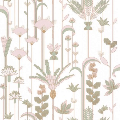 papel de parede art deco floral com plantas e flores cor verde almêndao, branco, rosa claro e ouro metálico.