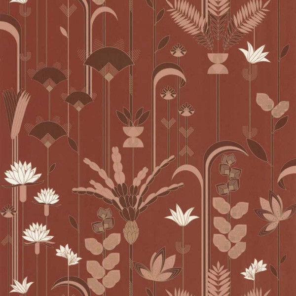 papel de parede art deco floral com plantas e flores cor terracota, brnaco e rosa claro com ouro metálico