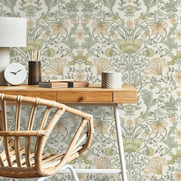 Papel de parede flores inglesas creme ocre