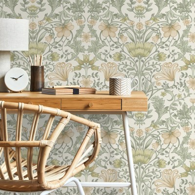 Papel pintado flores inglesas crema ocre