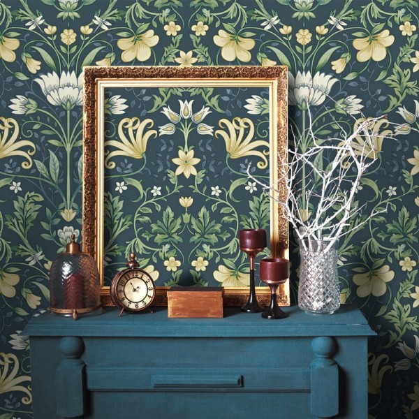 Paper pintat flors angleses blau marí Paper pintat flors angleses blau marí