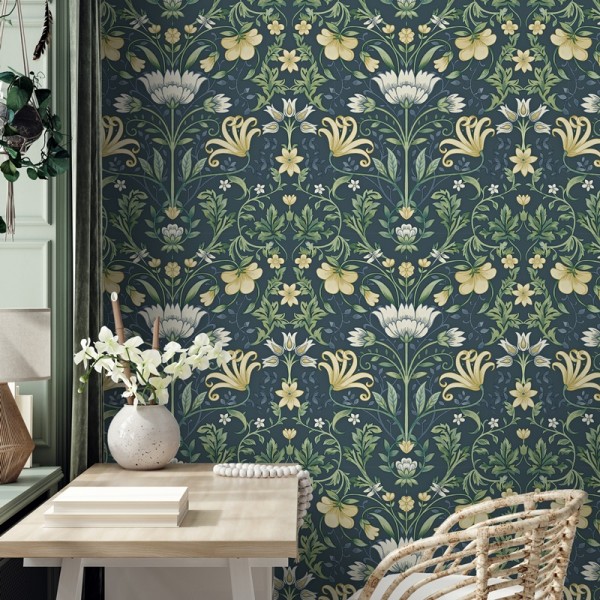 Papel de parede flores inglesas azul marinho