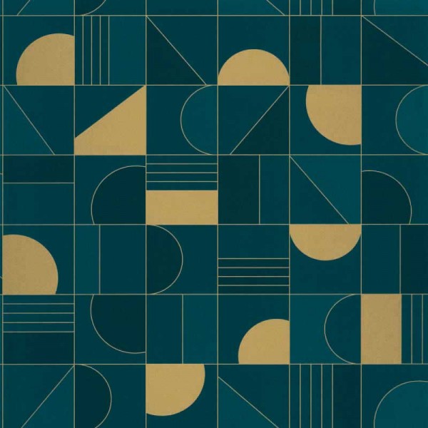 Papel pintado puzzle con formas geométricas circunferencias y rectángulos de color azul marino y dorado