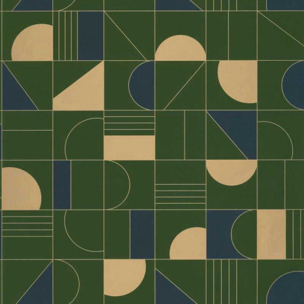 papel de parede puzzle, formas geométricas como círculos e retângulos em verde escuro e dourado metálico